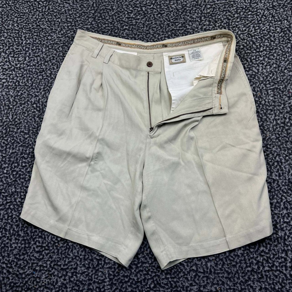 Bungalow Brand Men 34 Silk Pleated Shorts Tan Herringbone‎ Casual Tropical
